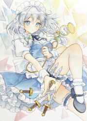 Rule 34 | 1girl, apron, between fingers, black ribbon, blue eyes, blue footwear, blue skirt, blue vest, bobby socks, bow, braid, bridal garter, commentary request, foot out of frame, frills, green bow, grey hair, highres, holding, holding knife, izayoi sakuya, knee up, knife, knives between fingers, long hair, looking at viewer, maid, maid apron, maid headdress, mary janes, mugicha (mugicha0929), neck ribbon, parted lips, pocket watch, puffy short sleeves, puffy sleeves, ribbon, shirt, shoes, short sleeves, skirt, socks, solo, thigh strap, touhou, traditional media, twin braids, vest, watch, white apron, white shirt, white socks, wrist cuffs
