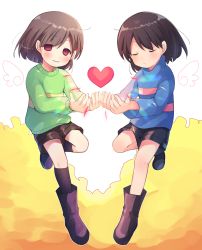 Rule 34 | 2girls, black footwear, black legwear, black shorts, blue shirt, boots, brown footwear, brown hair, brown shorts, chara (undertale), closed eyes, closed mouth, frisk (undertale), full body, green sweater, heart, highres, long sleeves, looking at viewer, multiple girls, shirt, short hair, short shorts, shorts, smile, striped clothes, striped shirt, striped sweater, sweater, undertale, white background, wings, xox xxxxxx, yellow leaves