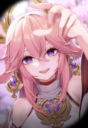 Rule 34 | 1girl, animal ears, bare shoulders, commentary request, detached sleeves, fox ears, genshin impact, hair between eyes, hair ornament, highres, japanese clothes, lips, looking at viewer, miko, open mouth, pink hair, priestess, purple eyes, ripu (sherypton), smile, solo, teeth, upper body, upper teeth only, yae miko
