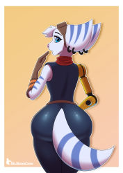 Rule 34 | 1girl, ass, bare shoulders, blue eyes, bodysuit, earrings, from behind, furry, furry female, gloves, goggles, goggles on head, highres, huge ass, jewelry, looking at viewer, looking back, mechanical arms, mr.mooncrow, open mouth, ratchet &amp; clank, ratchet &amp; clank: rift apart, rivet (ratchet &amp; clank), shiny clothes, single glove, single mechanical arm, solo, tail