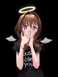 Rule 34 | 1girl, absurdres, angel (nadegata), angel wings, bad id, bad twitter id, black background, black shirt, blush, bracelet, bright pupils, brown hair, clothes writing, covering own mouth, detached wings, feathered wings, finger tattoo, fingernails, gishiki (gshk), hair intakes, halo, highres, jewelry, long hair, looking at viewer, original, profanity, purple eyes, shirt, short sleeves, simple background, solo, tattoo, upper body, white pupils, white wings, wings