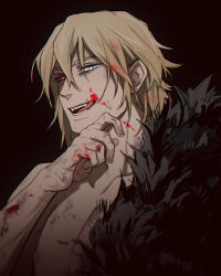 1boy arm_up black_background black_fur blonde_hair blood blood_in_hair blood_on_arm blood_on_body blood_on_face blue_eyes collarbone colored_sclera commentary curled_fingers dimitri_alexandre_blaiddyd english_commentary eye_injury fangs fire_emblem fire_emblem:_three_houses from_side hair_behind_ear hair_between_eyes heterochromia licking_lips male_focus nintendo nipples open_mouth pectorals red_sclera ruebird sharp_teeth simple_background slit_pupils solo teeth tongue tongue_out topless_male wiping_face