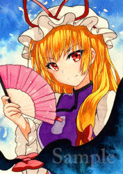 Rule 34 | 1girl, bad id, bad pixiv id, blonde hair, bow, closed mouth, folding fan, gap (touhou), hair bow, hand fan, hat, hat ribbon, holding, holding fan, long hair, long sleeves, looking at viewer, mob cap, qqqrinkappp, red bow, red eyes, red ribbon, ribbon, sample watermark, sidelocks, solo, touhou, traditional media, upper body, watermark, white hat, wide sleeves, yakumo yukari