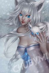 Rule 34 | 1girl, ahri (league of legends), alternate eye color, alternate hair color, animal, animal ears, animal on shoulder, artist name, bare shoulders, blue eyes, braid, breasts, chuby mi, cleavage, facial mark, fox, fox ears, glowing, glowing eyes, head tilt, highres, league of legends, lipstick, long hair, looking at viewer, makeup, nail polish, red lips, single braid, small breasts, snow, snowing, solo, whisker markings, white hair, white nails