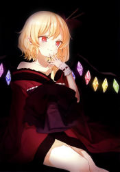 Rule 34 | 1girl, absurdres, alternate costume, bare legs, bare shoulders, blonde hair, collarbone, dark, flandre scarlet, hair ornament, hair ribbon, hair stick, hand up, highres, honotai, japanese clothes, kimono, obi, pointy ears, red eyes, red kimono, red ribbon, ribbon, sash, scan, smile, solo, touhou, wings, wrist cuffs