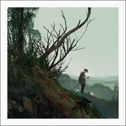 Rule 34 | 1boy, bare tree, border, forest, grass, grasslands, grey sky, hat, highres, hill, holding, holding staff, horizon, maojinlee, moss, nature, original, plant, roots, sheep, shepherd, sky, staff, tree, tree stump, valley, vines, white border