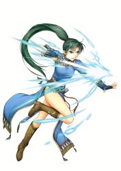 Rule 34 | 1girl, absurdres, attack, bare legs, breasts, dress, energy, fighting stance, fire emblem, fire emblem: the blazing blade, fire emblem heroes, full body, green eyes, green hair, highres, holding, holding sword, holding weapon, leg up, long hair, lyn (fire emblem), medium breasts, nintendo, official art, pelvic curtain, ponytail, scan, side slit, simple background, solo, sword, thighs, very long hair, weapon, white background, yamada koutarou