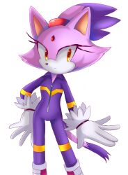 Rule 34 | 1girl, animal ears, blaze the cat, cat ears, cat girl, cat tail, forehead jewel, fur-trimmed gloves, fur trim, furry, furry female, gloves, highres, jumpsuit, looking at viewer, mary7ka, ponytail, purple jumpsuit, simple background, sonic (series), sonic riders, tail, white background, white gloves, yellow eyes