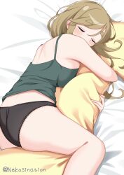 Rule 34 | 1girl, ass, back, bare arms, bare legs, black panties, blonde hair, body pillow, breast press, breasts, camisole, closed mouth, commentary request, green camisole, highres, hugging object, inuyama aoi, large breasts, long hair, lying, nekosination, panties, pillow, pillow hug, sidelocks, sleeping, solo, thick eyebrows, twitter username, underwear, yurucamp