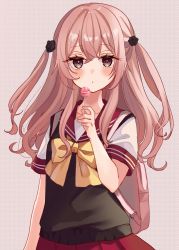 Rule 34 | 1girl, black flower, black rose, black sweater vest, blouse, blush, bow, candy, closed mouth, crossed bangs, flower, food, hair between eyes, hair flower, hair ornament, highres, holding, holding candy, holding food, holding lollipop, inui sajuna, lollipop, long hair, looking at viewer, pink eyes, pink hair, pleated skirt, red sailor collar, red skirt, rino cnc, rose, sailor collar, school uniform, serafuku, shirt, simple background, skirt, solo, sono bisque doll wa koi wo suru, sweater vest, two side up, white shirt, yellow bow