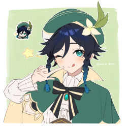 Rule 34 | 1boy, :q, aqua eyes, beret, black hair, blue hair, blush, braid, cape, commentary, flower, genshin impact, genshin impact sticker redraw (meme), gradient hair, green headwear, hair between eyes, hat, highres, long sleeves, looking at viewer, male focus, meme, miz (mi), multicolored hair, multiple views, one eye closed, reference inset, simple background, star (symbol), symbol-only commentary, tongue, tongue out, twin braids, twitter username, upper body, venti (genshin impact), white flower