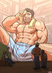 Rule 34 | 4boys, abs, bara, bare pectorals, beard, body hair, boxers, brown hair, bulge, dobito mn, facial hair, factory, feet out of frame, giant, giant male, hairy, highres, large pectorals, male focus, male underwear, manly, multiple boys, muscular, navel, navel hair, nipples, one eye closed, original, pectorals, short hair, sitting, spiked hair, thick thighs, thighs, towel, towel around neck, underwear, underwear only, waving, wet, wiping sweat