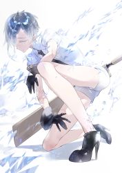 Rule 34 | androgynous, antarcticite, black gloves, gender request, gloves, high heels, highres, houseki no kuni, on one knee, shirt, short hair, shorts, solo, tonito, uniform, white hair, white shirt, white shorts