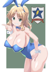 Rule 34 | 1girl, animal ears, blonde hair, blue bow, blue bowtie, blue leotard, bow, bowtie, breasts, collarbone, commentary request, cowboy shot, detached collar, emblem, fake animal ears, girls und panzer, grin, hair intakes, igarashi (igarashi 346), kay (girls und panzer), large breasts, leaning forward, leotard, long hair, playboy bunny, rabbit ears, rabbit tail, saunders (emblem), smile, solo, strapless, strapless leotard, tail, two-tone background, wrist cuffs