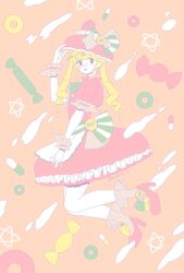 Rule 34 | 1girl, blonde hair, bow, candy, commentary request, dress, flat color, frilled dress, frills, hand on headwear, highres, legs up, limited palette, long hair, looking at viewer, orange background, original, pill, puffy short sleeves, puffy sleeves, red dress, red footwear, red headwear, short sleeves, solo, tongue, tongue out, twintails, twitter username, wrapped candy, yonoko k