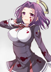 Rule 34 | 10s, 1girl, bad id, bad pixiv id, black gloves, blood, blood on clothes, blood on face, blush, dress, gloves, grey background, halo, hand on own cheek, hand on own face, harimoji, heart, kantai collection, long sleeves, mechanical halo, purple eyes, purple hair, short hair, simple background, smile, solo, tatsuta (kancolle), upper body