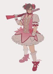 Rule 34 | 1boy, absurdres, artist name, averting eyes, blue eyes, bow, brown hair, choker, clenched hand, closed mouth, collarbone, cosplay, crossdressing, footwear ribbon, frilled sleeves, frilled socks, frills, frown, full body, gloves, gun, hair bow, highres, holding, holding gun, holding weapon, kaname madoka, kaname madoka (cosplay), leon s. kennedy, looking to the side, magical boy, mahou shoujo madoka magica, nose, over shoulder, pink choker, pink footwear, pink hair, platform footwear, puffy short sleeves, puffy sleeves, red footwear, resident evil, scowl, serious, short hair, short sleeves, short twintails, shotgun, simple background, socks, solo, soul gem, twintails, twitter username, weapon, weapon over shoulder, white background, white gloves, white socks, wr0wn