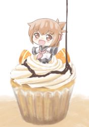 Rule 34 | 10s, 1girl, :d, aged down, black legwear, blush, brown eyes, brown hair, commentary request, cream, cupcake, dress, folded ponytail, food, fruit, gale kawaii, in food, inazuma (kancolle), kantai collection, long hair, long sleeves, neckerchief, open mouth, orange (fruit), orange slice, outstretched arms, ponytail, sailor collar, sailor dress, simple background, sleeves past wrists, smile, solo, spread arms, standing