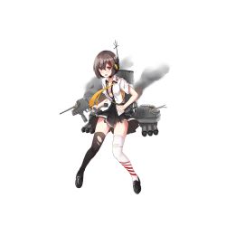 Rule 34 | 1girl, allenes, asymmetrical legwear, ayanami (warship girls r), black thighhighs, brown eyes, brown hair, damaged, full body, hair ornament, hairclip, headphones, headset, looking at viewer, mismatched legwear, necktie, official art, pleated skirt, remodel (warship girls r), short hair, skirt, solo, thighhighs, torn clothes, torn thighhighs, transparent background, warship girls r