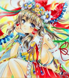 Rule 34 | 1girl, ascot, at classics, breasts, bug, butterfly, detached sleeves, female focus, flower, hair flower, hair ornament, hakurei reimu, head rest, insect, japanese clothes, marker (medium), miko, ribbon-trimmed skirt, ribbon trim, sample watermark, sideboob, sitting, solo, touhou, traditional media, watermark, wrist cuffs, yellow ascot