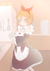 Rule 34 | 1girl, 2022, 20s, absurdres, aqua eyes, blush, bow, breasts, chocolate, cleavage, cooking, female focus, hair bow, hair ornament, highres, indoors, kitchen, looking at viewer, maid, orange hair, petra leyte, poporon, re:zero kara hajimeru isekai seikatsu, red bow, roswaal mansion maid uniform, short hair, small breasts, smile, solo, standing