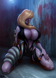 Rule 34 | 1girl, barretxiii, blonde hair, blood, bodysuit, breasts, bursting breasts, capcom, cleavage, corruption, female focus, full body, hair over eyes, highres, huge breasts, kneeling, monster, monster girl, mutation, ooze (resident evil), open clothes, outdoors, rachael foley, resident evil, resident evil: revelations, scuba suit, solo, torn clothes, transformation, veins, veiny breasts