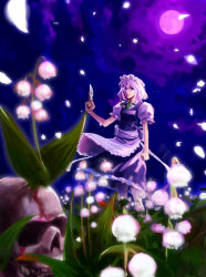 Rule 34 | 1girl, apron, blood, blue eyes, braid, clenched hand, female focus, flower, glowing, glowing petals, holysnow, izayoi sakuya, knife, lily of the valley, maid, maid apron, maid headdress, moon, night, petals, short hair, silver hair, skull, solo, throwing knife, touhou, twin braids, waist apron, weapon