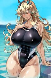 Rule 34 | 1girl, abs, absurdres, bare shoulders, barghest (fate), biceps, black one-piece swimsuit, blonde hair, blush, breasts, cleavage, collarbone, covered erect nipples, covered navel, ebora, fate/grand order, fate (series), green eyes, highleg, highleg swimsuit, highres, horns, huge breasts, long hair, looking at viewer, muscular, muscular female, one-piece swimsuit, open mouth, solo, swimsuit, thick thighs, thighs, wading, wet, wide hips