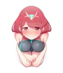Rule 34 | 1girl, blush, breasts, competition swimsuit, gem, hair ornament, headpiece, jewelry, large breasts, looking at viewer, looking up, maidforge, nintendo, one-piece swimsuit, pyra (pro swimmer) (xenoblade), pyra (xenoblade), red eyes, red hair, short hair, sitting, smile, swept bangs, swimsuit, tiara, xenoblade chronicles (series), xenoblade chronicles 2