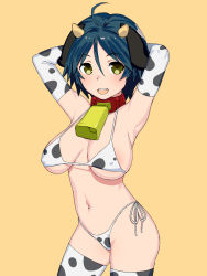 Rule 34 | 1girl, animal ears, animal print, armpits, arms behind head, arms up, bare shoulders, bell, bikini, blue hair, blush, breasts, breasts apart, collar, covered erect nipples, cow ears, cow girl, cow horns, cow print, cow tail, cowbell, elbow gloves, gloves, high school fleet, highres, horns, large breasts, looking at viewer, micro bikini, navel, neck bell, onsen tamago (hs egg), print bikini, print gloves, short hair, simple background, smile, solo, swimsuit, tail, teeth, upper teeth only, yellow background, yellow eyes