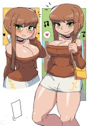 Rule 34 | 1girl, absurdres, bag, blush, breasts, brown hair, brown sweater, choker, cleavage, collarbone, doki doki literature club, earrings, grass, green eyes, grin, hair ribbon, hand on own cheek, hand on own face, handbag, heart, highres, holding, jewelry, large breasts, long hair, long sleeves, looking at viewer, monika (doki doki literature club), multiple views, musical note, off shoulder, ponytail, ribbon, sidelocks, skirt, smile, sparkle, speech bubble, spoken heart, standing, sweater, teeth, thick thighs, thighs, tony welt, tree, white background, white ribbon, white skirt, wide hips