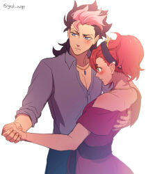 Rule 34 | 1boy, 1girl, arm around back, bare shoulders, black hairband, blue eyes, blush, breasts, brown hair, collared shirt, cowboy shot, dancing, dress, gesl nsgp, grey shirt, guel jeturk, gundam, gundam suisei no majo, hair between eyes, hairband, hand on another&#039;s back, highres, holding hands, jewelry, long hair, long sleeves, medium breasts, mole, mole under eye, mullet, multicolored hair, necklace, off-shoulder dress, off shoulder, parted lips, pink hair, ponytail, red dress, red hair, shirt, short sleeves, sleeves rolled up, suletta mercury, thick eyebrows, tiara, twitter username, two-tone hair, white background