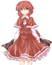 Rule 34 | 1girl, :o, cape, capelet, cowboy shot, frilled skirt, frills, highres, jubctybn, long sleeves, okazaki yumemi, open mouth, ponytail, red eyes, red hair, ribbon, short hair, simple background, skirt, skirt set, solo, standing, touhou, touhou (pc-98), vest, white background