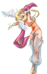 Rule 34 | 1girl, ass, back, bikini, blonde hair, breasts, butt crack, commentary request, dated commentary, detached sleeves, feet out of frame, gypsy (ragnarok online), head wings, kawagoe pochi, large breasts, long hair, looking at viewer, looking back, open mouth, ragnarok online, red sleeves, sandals, see-through, shoulder blades, simple background, solo, strapless, strapless bikini, swimsuit, white background, white wings, wings, yellow bikini