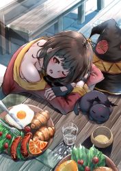 Rule 34 | 1girl, absurdres, bare shoulders, black hair, blush, brown hair, cat, chair, chomusuke, commentary request, dress, egg, food, fork, glass, haggy, hat, highres, knife, kono subarashii sekai ni shukufuku wo!, medium hair, megumin, one eye closed, red dress, red eyes, sitting, solo, table, water, witch hat
