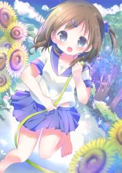 Rule 34 | 1girl, :o, barefoot, blue eyes, blue skirt, blue sky, breasts, brown hair, cloud, cloudy sky, commentary request, day, flower, hair bobbles, hair ornament, hairclip, highres, holding, holding hose, hose, looking at viewer, moe2018, one side up, open mouth, original, outdoors, pleated skirt, rin (fuwarin), school uniform, serafuku, shirt, short sleeves, skirt, sky, small breasts, solo, standing, standing on one leg, sunflower, teeth, toenails, upper teeth only, water, water drop, white shirt, yellow flower