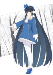 Rule 34 | 1girl, :o, arm at side, bare tree, big hair, black hair, black pantyhose, blue coat, blue eyes, blue footwear, blunt bangs, blush, coat, earmuffs, fringe trim, fur-trimmed coat, fur-trimmed sleeves, fur trim, high heels, highres, legs together, long hair, long sleeves, looking down, mirai (mirai76 ), original, outdoors, outstretched arm, pantyhose, parted lips, scarf, snowing, solo, standing, straight hair, tareme, tree, very long hair, white scarf, winter