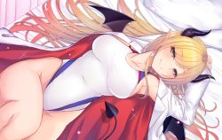 Rule 34 | 1girl, arm up, bed sheet, blonde hair, blush, breasts, closed mouth, commentary request, competition swimsuit, covered navel, curled horns, demon girl, demon horns, demon tail, demon wings, dutch angle, fang, fang out, green eyes, hair ornament, highres, hololive, horns, knee up, lab coat, large breasts, long hair, long sleeves, one-piece swimsuit, open clothes, pillow, sleeves past wrists, smile, solo, swimsuit, swimsuit under clothes, tail, very long hair, virtual youtuber, white one-piece swimsuit, wings, x hair ornament, yoshiheihe, yuzuki choco, yuzuki choco (1st costume)
