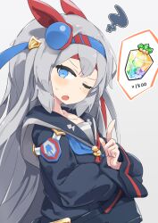 Rule 34 | 1girl, :o, animal ears, blue eyes, blush, closed eyes, commentary request, crossed arms, ear covers, grey background, grey hair, highres, horse ears, horse girl, jewel (umamusume), long hair, long sleeves, looking at viewer, neckerchief, sailor collar, solo, squiggle, tamamo cross (umamusume), totomono, umamusume, upper body