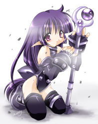 Rule 34 | 1girl, ankle boots, bare shoulders, black gloves, black thighhighs, blush, bodysuit, boots, dated, detached sleeves, emily (pure dream), fingerless gloves, from side, full body, gloves, halterneck, hime cut, holding, holding staff, holding weapon, kneeling, leotard, long hair, long pointy ears, looking at viewer, low-tied long hair, orb, parted lips, pointy ears, purple eyes, purple hair, signature, sleeves past wrists, solo, source request, staff, thighhighs, turtleneck, very long hair, weapon