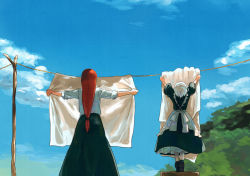 Rule 34 | 2girls, apron, arms up, black dress, blue sky, box, child, clothesline, cloud, day, dress, female focus, from behind, height difference, hong meiling, izayoi sakuya, laundry, long hair, low-tied long hair, maid, maid apron, maid headdress, multiple girls, on box, puffy sleeves, red hair, shibasaki shouji, shirt, short hair, short sleeves, silver hair, skirt, sky, sleeves rolled up, standing on object, tiptoes, touhou, very long hair
