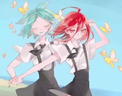 Rule 34 | 2others, ahoge, androgynous, aqua hair, blue sky, blush, bug, butterfly, cinnabar (houseki no kuni), closed eyes, colored eyelashes, embarrassed, gem uniform (houseki no kuni), green hair, hair between eyes, holding hands, houseki no kuni, insect, multiple others, nail polish, necktie, outdoors, phosphophyllite, red eyes, red hair, short hair, sky, smile, suspenders, suzuka (suzuchiyan)