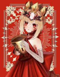 Rule 34 | absurdres, blonde hair, braid, breasts, choker, crown, dress, fate/grand order, fate (series), gloves, highres, holding, nero claudius (fate), nero claudius (fate) (all), noa pisces, ornament, queen draco (fate), queen draco (first ascension) (fate), red background, red choker, red dress, red eyes, small breasts, solo, white gloves
