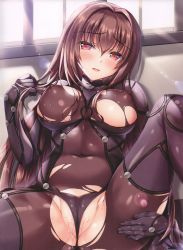 Rule 34 | 1girl, absurdres, armor, blush, bodysuit, breasts, cameltoe, covered erect nipples, covered navel, fate/grand order, fate (series), fukase ayaka, hand in own hair, hand on own ass, highres, indoors, large breasts, long hair, looking at viewer, nipples, panties, pauldrons, purple bodysuit, purple hair, pussy juice, red eyes, scan, scathach (fate), shoulder armor, smile, solo, spread legs, torn bodysuit, torn clothes, underwear