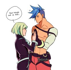 Rule 34 | 2boys, abs, ascot, back, bare pectorals, belt, belt pouch, black belt, black gloves, black jacket, black pants, blue eyes, blue hair, chest harness, closed mouth, couple, english text, frilled sleeves, frills, galo thymos, gloves, green hair, harness, height difference, jacket, leather, leather jacket, leather pants, lio fotia, looking at another, male focus, mohawk, multiple boys, navel, nipples, notice lines, open mouth, orange pants, palms together, pants, pectorals, pockicchi, pouch, promare, short hair, short hair with long locks, sidelocks, simple background, single bare shoulder, speech bubble, spiked hair, toned, toned male, upper body, white ascot, white background, yaoi
