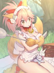 Rule 34 | :o, animal, animal ears, apron, bell, blush, bow, breasts, fate/grand order, fate (series), forest, gloves, grass, highres, ladle, large breasts, looking down, mogullaz, naked apron, nature, neck bell, on lap, picnic, pink hair, red bow, sitting, skindentation, tail, tamamo (fate), tamamo cat (fate), tamamo cat (third ascension) (fate), thighs, white headwear, yellow eyes