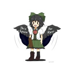 Rule 34 | 1girl, :d, arm cannon, artist name, asymmetrical footwear, bird wings, black hair, black socks, black wings, blush stickers, bow, brown footwear, buttons, cape, center frills, collared shirt, commentary request, control rod, dated, english text, frilled shirt collar, frilled skirt, frills, full body, green bow, green skirt, hair bow, highres, long hair, looking at viewer, medium bangs, mismatched footwear, motion lines, open mouth, print cape, puffy short sleeves, puffy sleeves, reiuji utsuho, shirt, short sleeves, simple background, skirt, smile, socks, solid oval eyes, solo, standing, starry sky print, teeth, third eye, touhou, toy story, two-sided cape, two-sided fabric, upper teeth only, wassan (user evmn3238), weapon, white background, white cape, white shirt, wings