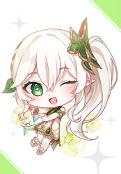 Rule 34 | 1girl, 723/nanahumi, ;d, blush, chibi, commentary request, cross-shaped pupils, dress, finger frame, floral background, genshin impact, green background, green eyes, hair between eyes, hair ornament, nahida (genshin impact), one eye closed, open mouth, pointy ears, side ponytail, signature, simple background, sleeveless, sleeveless dress, smile, socks, solo, sparkle, stirrup legwear, symbol-shaped pupils, toeless legwear, two-tone background, white background, white dress, white hair, white socks