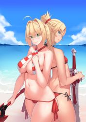 Rule 34 | 2girls, aestus estus, ahoge, ass, ass-to-ass, back, back-to-back, beach, bikini, blue eyes, braid, breasts, clarent (fate), criss-cross halter, day, fate/grand order, fate (series), franham, french braid, green eyes, hair intakes, hair ornament, hair scrunchie, halterneck, hand on own chest, highres, large breasts, looking at viewer, looking back, mordred (fate), mordred (fate) (all), mordred (fate/apocrypha), mordred (swimsuit rider) (fate), mordred (swimsuit rider) (first ascension) (fate), multiple girls, nero claudius (fate), nero claudius (fate) (all), nero claudius (swimsuit caster) (fate), ocean, parted bangs, ponytail, prydwen (fate), red bikini, red scrunchie, scrunchie, side-tie bikini bottom, sky, smile, stomach, striped bikini, striped clothes, swimsuit, sword, twintails, waves, weapon