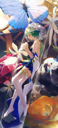 Rule 34 | 1girl, absurdres, alternate costume, animal ears, bare shoulders, barefoot, blue dress, breasts, bridal veil, closed eyes, crystal, detached sleeves, dog ears, dress, expressionless, feet, flower, garter straps, genshin impact, giant insect, gold trim, green hair, hair between eyes, highres, legs, no shoes, small breasts, solo, sucrose (genshin impact), swkl:d, test tube, thighhighs, toes, tube, veil, white thighhighs